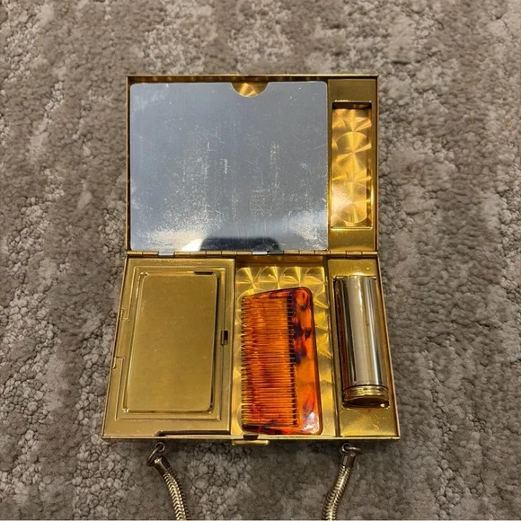 Vintage 1950’s Mother Of Pearl Brass Cosmetic Comb Lipstick Compact Case Purse - Picture 4 of 13